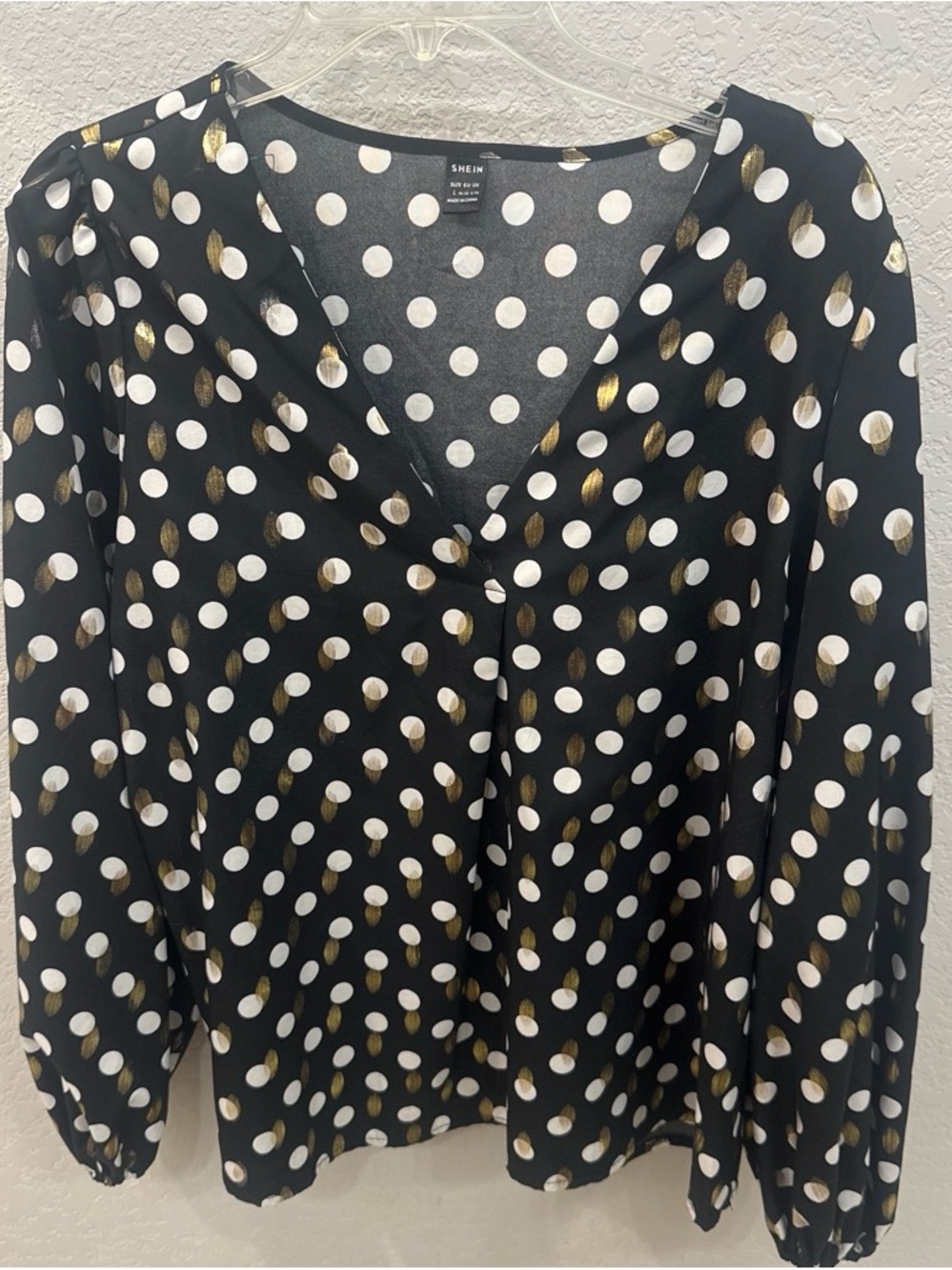 SHEIN Black Polka Dot V-Neck Blouse with Gold Dots